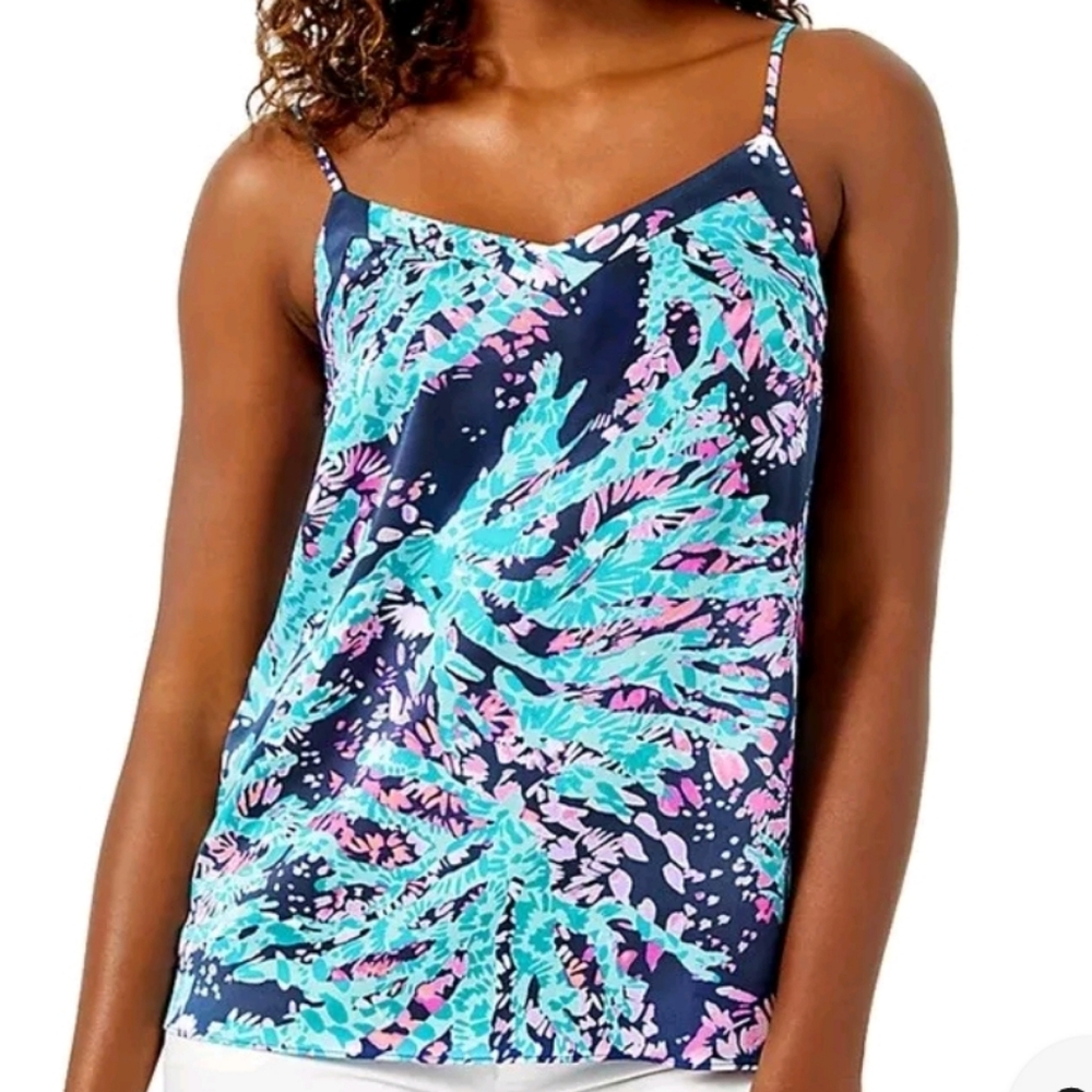 Lilly Pulitzer Blue and Pink Margery Camisole Top with Adjustable Straps Sz Xs